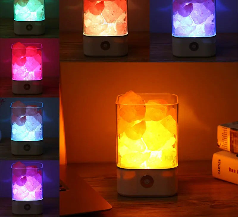 Lámpara de sal natural del Himalaya de cristal: LED que cambia de 7 colores para relajarse y purificar el aire